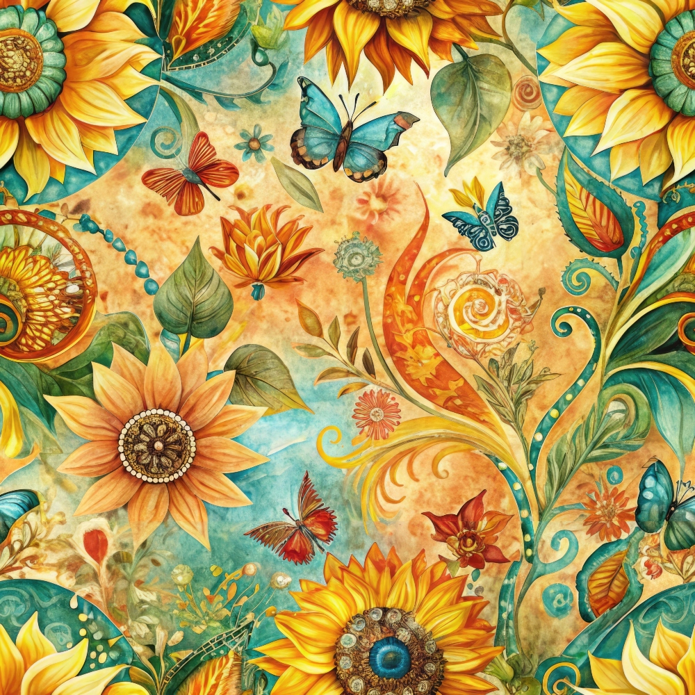 Colorful illustration featuring sunflowers, butterflies, and leaves in a vibrant, swirling pattern with a warm color palette.