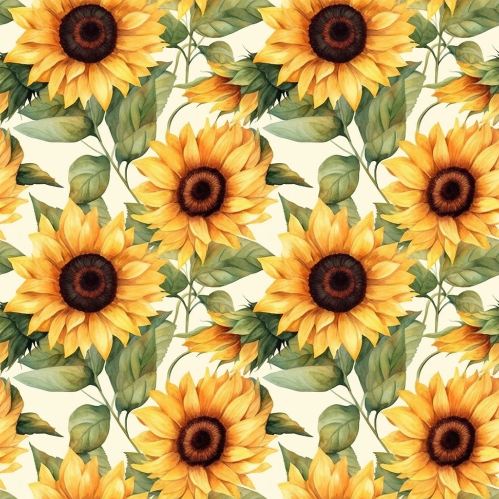 sunflower pattern, yellow petals, golden yellow, brown centers, green leaves, botanical design, floral motif, repeating pattern,, fabric panel, watercolor style, realistic flowers, nature theme, summer flowers, harvest theme, autumn colors, seamless repeat, crafting fabric, sewing material