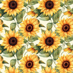 sunflower pattern, yellow petals, golden yellow, brown centers, green leaves, botanical design, floral motif, repeating pattern,, fabric panel, watercolor style, realistic flowers, nature theme, summer flowers, harvest theme, autumn colors, seamless repeat, crafting fabric, sewing material