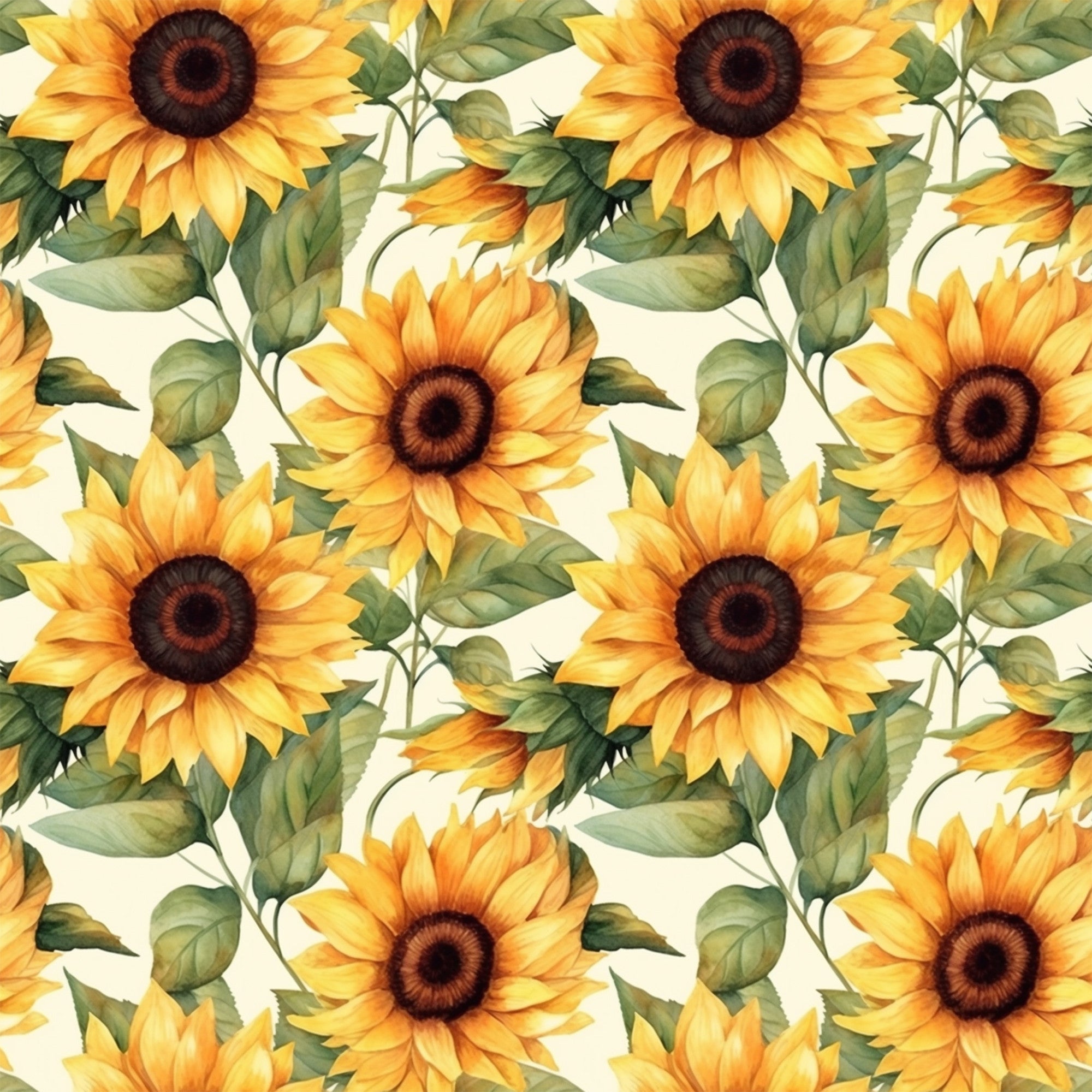 sunflower pattern, yellow petals, golden yellow, brown centers, green leaves, botanical design, floral motif, repeating pattern,, fabric panel, watercolor style, realistic flowers, nature theme, summer flowers, harvest theme, autumn colors, seamless repeat, crafting fabric, sewing material
