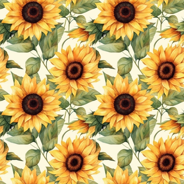 sunflower pattern, yellow petals, golden yellow, brown centers, green leaves, botanical design, floral motif, repeating pattern,, fabric panel, watercolor style, realistic flowers, nature theme, summer flowers, harvest theme, autumn colors, seamless repeat, crafting fabric, sewing material