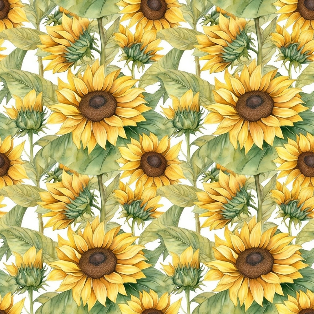 sunflower pattern, yellow petals, golden blooms, brown centers, green leaves, botanical design, floral motif, repeating pattern,, fabric panel, seamless design, nature theme, garden flowers, bright colors, watercolor style, artistic illustration, summer florals, crafting material, sewing fabric, vibrant yellow