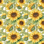 sunflower pattern, yellow petals, golden blooms, brown centers, green leaves, botanical design, floral motif, repeating pattern,, fabric panel, seamless design, nature theme, garden flowers, bright colors, watercolor style, artistic illustration, summer florals, crafting material, sewing fabric, vibrant yellow