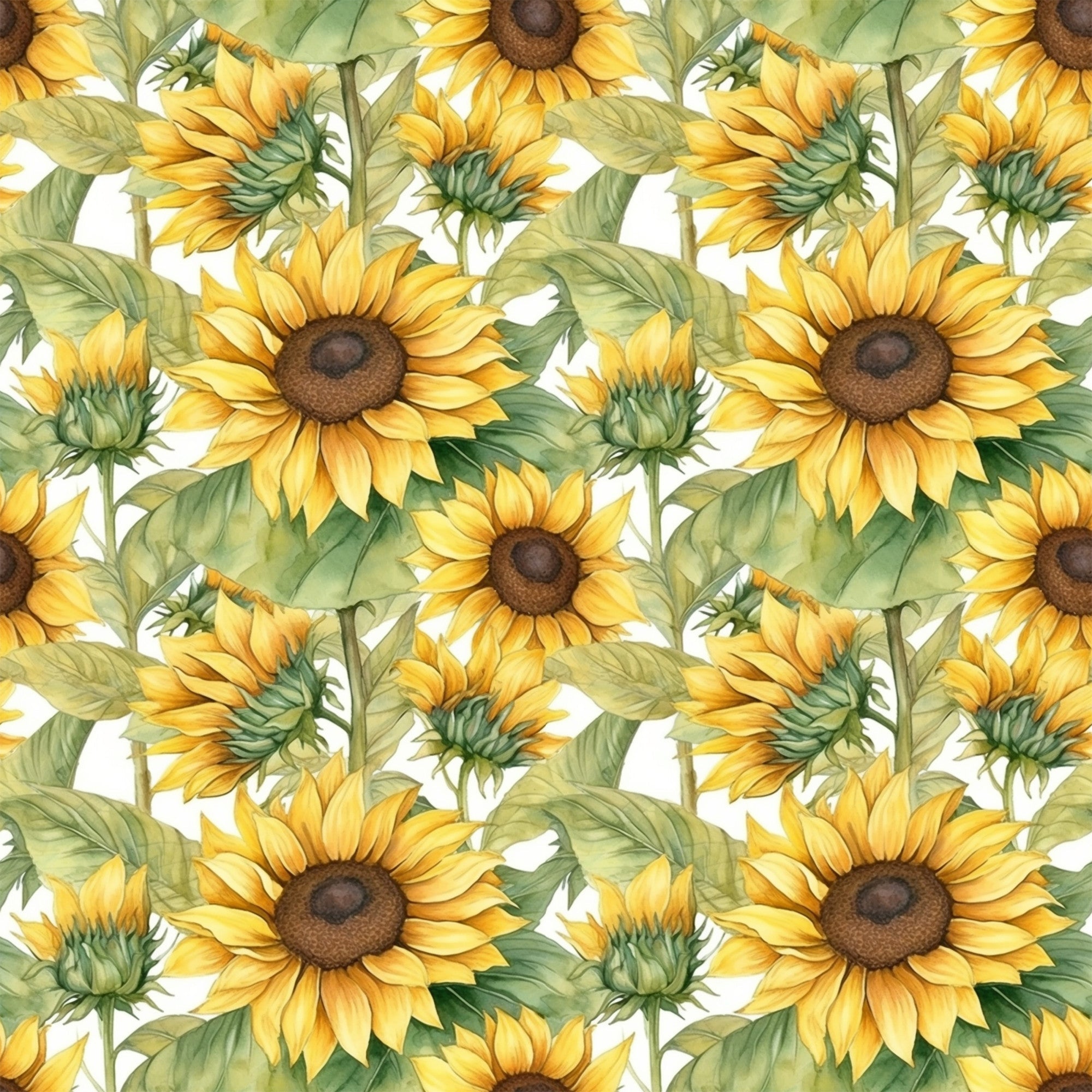 sunflower pattern, yellow petals, golden blooms, brown centers, green leaves, botanical design, floral motif, repeating pattern,, fabric panel, seamless design, nature theme, garden flowers, bright colors, watercolor style, artistic illustration, summer florals, crafting material, sewing fabric, vibrant yellow