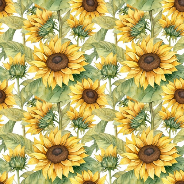 sunflower pattern, yellow petals, golden blooms, brown centers, green leaves, botanical design, floral motif, repeating pattern,, fabric panel, seamless design, nature theme, garden flowers, bright colors, watercolor style, artistic illustration, summer florals, crafting material, sewing fabric, vibrant yellow