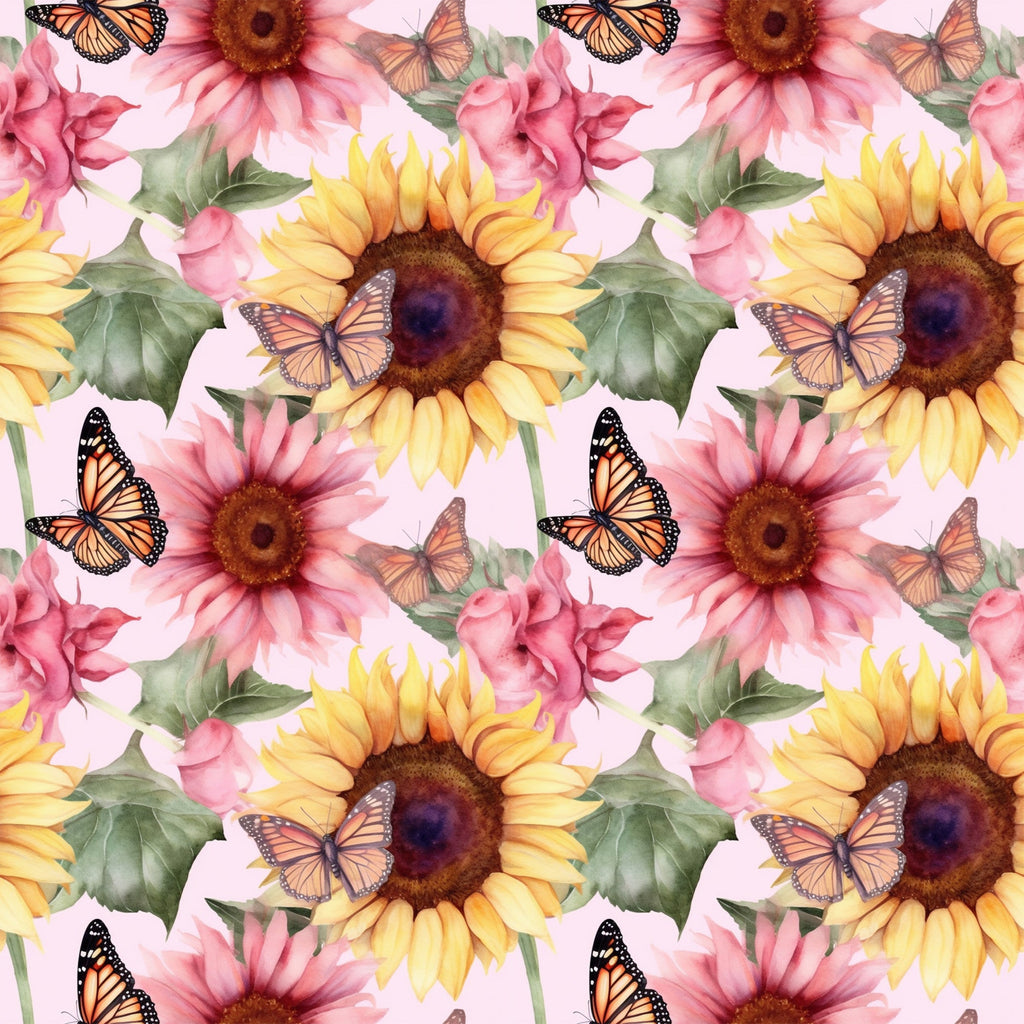 sunflower pattern, butterfly design, monarch butterflies, pink flowers, yellow petals, orange accents, green leaves, brown centers, floral motif, repeating pattern,, fabric panel, watercolor style, botanical print, nature theme, spring colors, garden scene, vibrant hues, delicate wings, blooming flowers