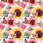 sunflower pattern, butterfly design, monarch butterflies, pink flowers, yellow petals, orange accents, green leaves, brown centers, floral motif, repeating pattern,, fabric panel, watercolor style, botanical print, nature theme, spring colors, garden scene, vibrant hues, delicate wings, blooming flowers