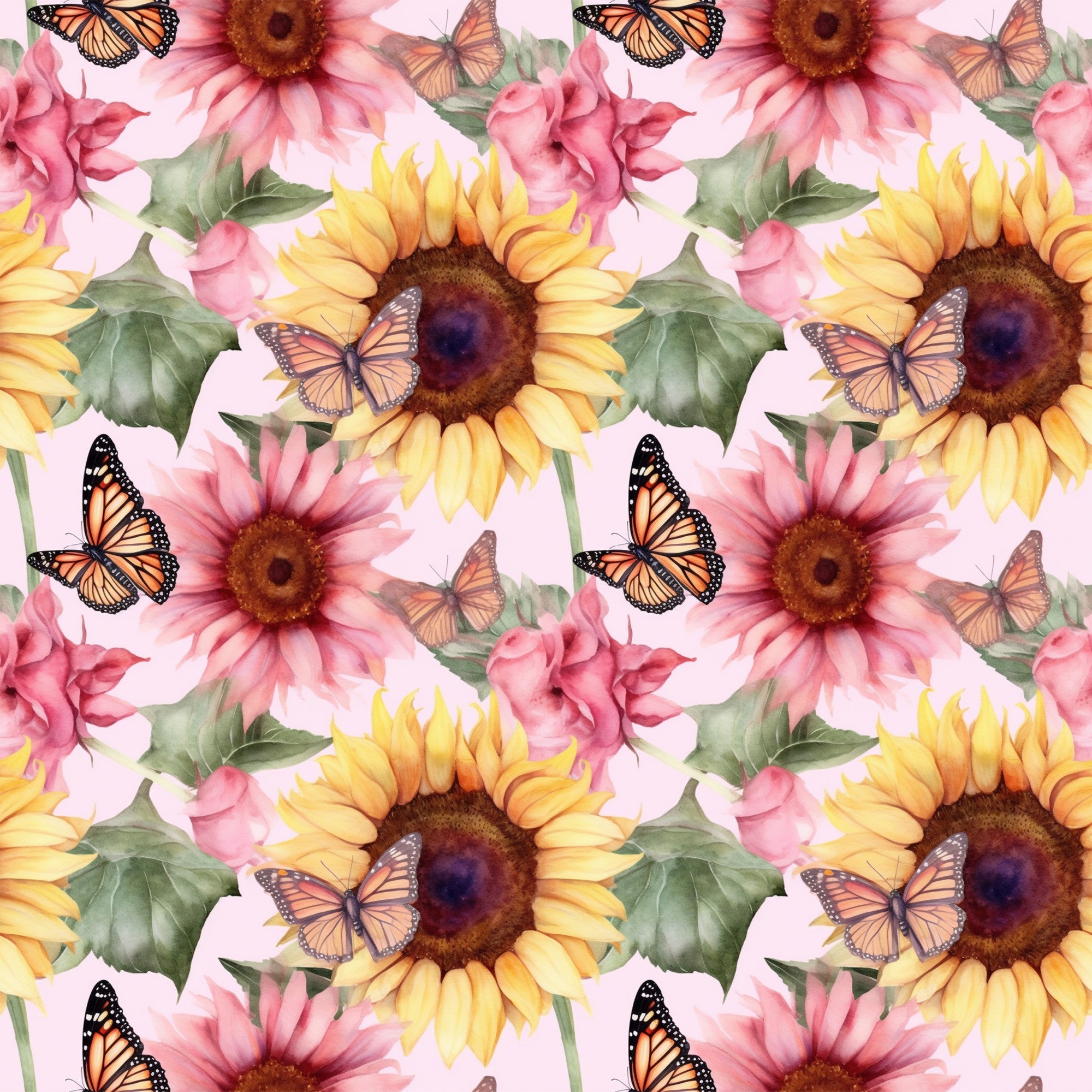 sunflower pattern, butterfly design, monarch butterflies, pink flowers, yellow petals, orange accents, green leaves, brown centers, floral motif, repeating pattern,, fabric panel, watercolor style, botanical print, nature theme, spring colors, garden scene, vibrant hues, delicate wings, blooming flowers