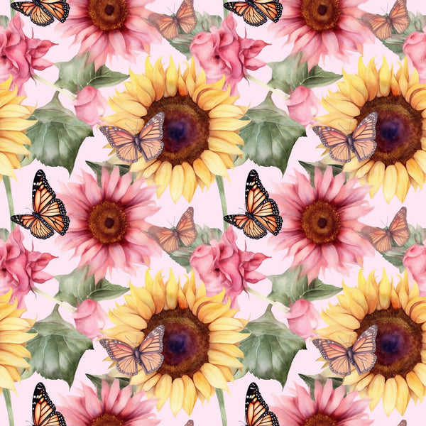 sunflower pattern, butterfly design, monarch butterflies, pink flowers, yellow petals, orange accents, green leaves, brown centers, floral motif, repeating pattern,, fabric panel, watercolor style, botanical print, nature theme, spring colors, garden scene, vibrant hues, delicate wings, blooming flowers