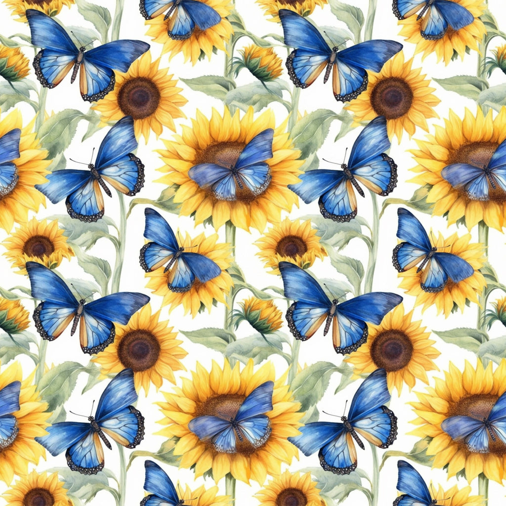 sunflower pattern, blue butterfly, yellow flowers, morpho butterfly, floral design, botanical print,, fabric panel, green leaves, bright yellow, cobalt blue, nature motif, garden theme, repeating pattern, watercolor style, spring theme, cheerful design, pollinator garden, flower petals, artistic illustration