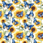sunflower pattern, blue butterfly, yellow flowers, morpho butterfly, floral design, botanical print,, fabric panel, green leaves, bright yellow, cobalt blue, nature motif, garden theme, repeating pattern, watercolor style, spring theme, cheerful design, pollinator garden, flower petals, artistic illustration