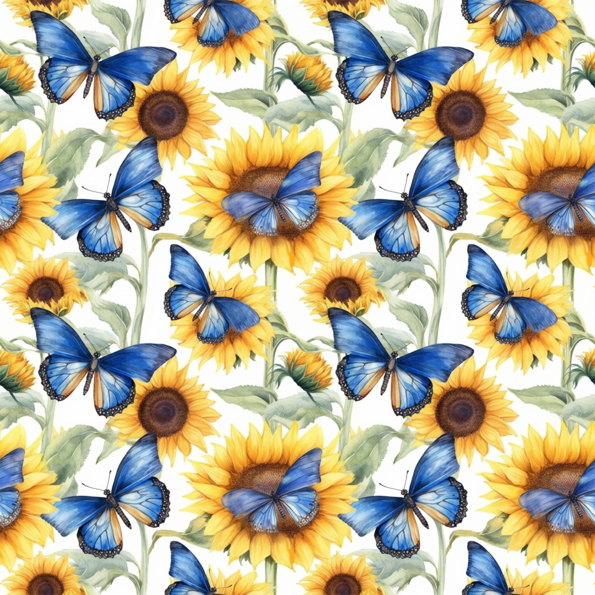 sunflower pattern, blue butterfly, yellow flowers, morpho butterfly, floral design, botanical print,, fabric panel, green leaves, bright yellow, cobalt blue, nature motif, garden theme, repeating pattern, watercolor style, spring theme, cheerful design, pollinator garden, flower petals, artistic illustration