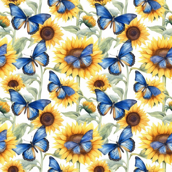 sunflower pattern, blue butterfly, yellow flowers, morpho butterfly, floral design, botanical print,, fabric panel, green leaves, bright yellow, cobalt blue, nature motif, garden theme, repeating pattern, watercolor style, spring theme, cheerful design, pollinator garden, flower petals, artistic illustration
