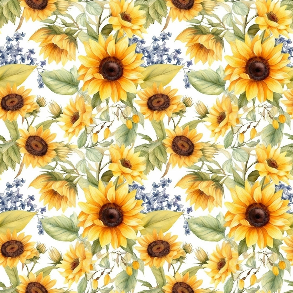 sunflower pattern, yellow flowers, golden petals, brown centers, green leaves, blue accents, lavender sprigs, floral motif, watercolor style, botanical design, repeating pattern,, fabric panel, spring theme, garden flowers, nature inspired, soft pastels, delicate artwork, craft fabric, sewing material