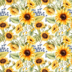 sunflower pattern, yellow flowers, golden petals, brown centers, green leaves, blue accents, lavender sprigs, floral motif, watercolor style, botanical design, repeating pattern,, fabric panel, spring theme, garden flowers, nature inspired, soft pastels, delicate artwork, craft fabric, sewing material