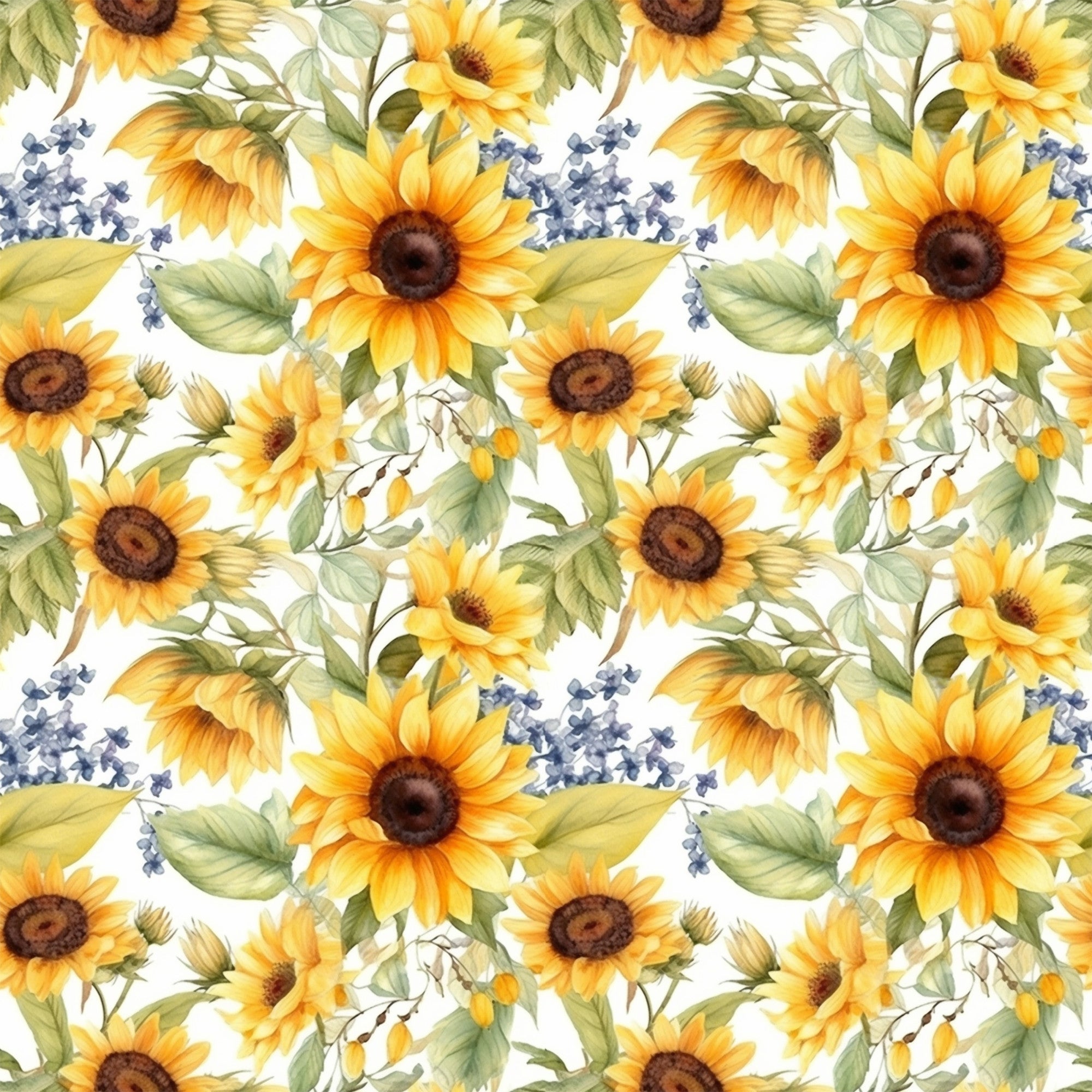 sunflower pattern, yellow flowers, golden petals, brown centers, green leaves, blue accents, lavender sprigs, floral motif, watercolor style, botanical design, repeating pattern,, fabric panel, spring theme, garden flowers, nature inspired, soft pastels, delicate artwork, craft fabric, sewing material