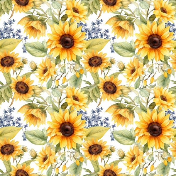 sunflower pattern, yellow flowers, golden petals, brown centers, green leaves, blue accents, lavender sprigs, floral motif, watercolor style, botanical design, repeating pattern,, fabric panel, spring theme, garden flowers, nature inspired, soft pastels, delicate artwork, craft fabric, sewing material