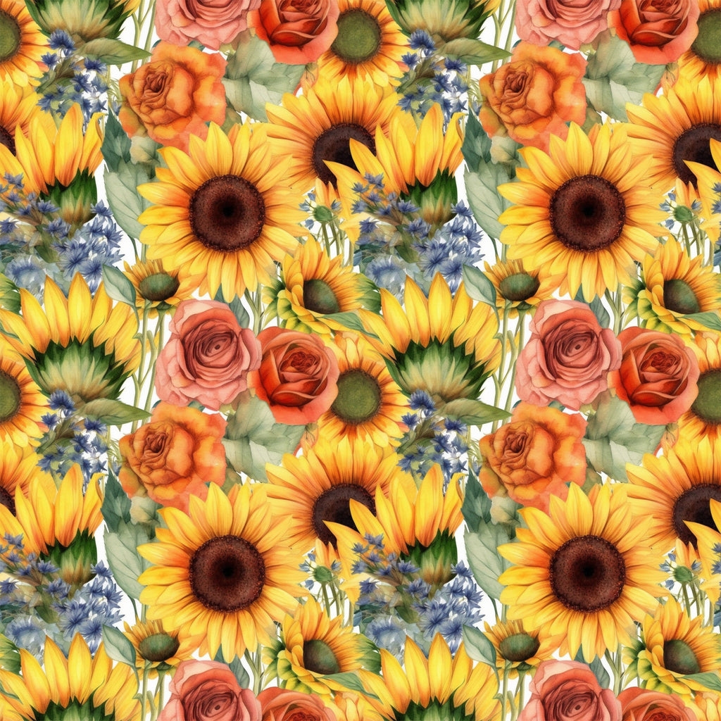sunflowers, yellow petals, orange roses, coral roses, blue wildflowers, floral pattern, repeating design, botanical illustration, watercolor style,, fabric panel, summer flowers, garden blooms, warm colors, nature motif, mixed florals, seamless repeat, crafting fabric, bright cheerful, cottage core