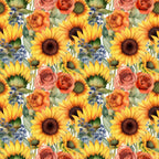 sunflowers, yellow petals, orange roses, coral roses, blue wildflowers, floral pattern, repeating design, botanical illustration, watercolor style,, fabric panel, summer flowers, garden blooms, warm colors, nature motif, mixed florals, seamless repeat, crafting fabric, bright cheerful, cottage core