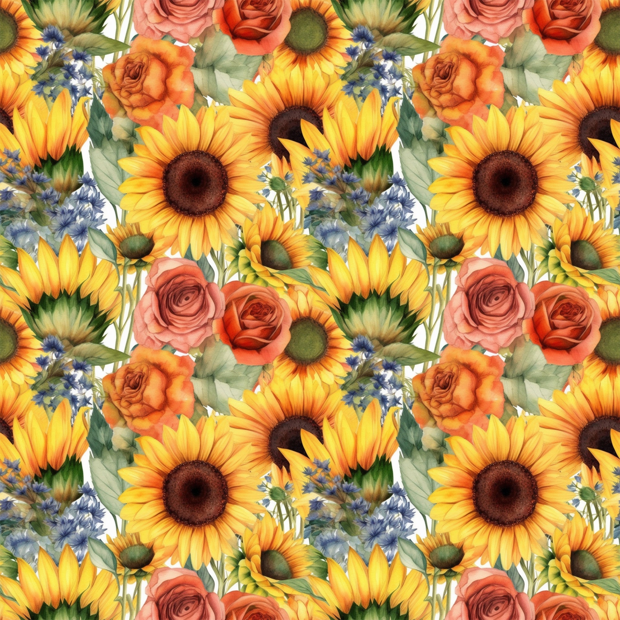 sunflowers, yellow petals, orange roses, coral roses, blue wildflowers, floral pattern, repeating design, botanical illustration, watercolor style,, fabric panel, summer flowers, garden blooms, warm colors, nature motif, mixed florals, seamless repeat, crafting fabric, bright cheerful, cottage core