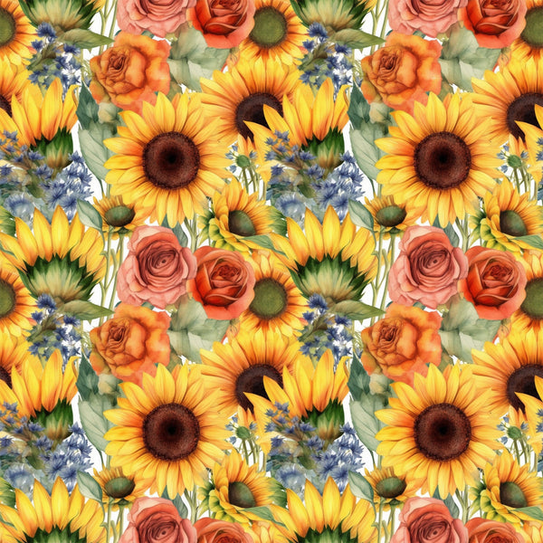 sunflowers, yellow petals, orange roses, coral roses, blue wildflowers, floral pattern, repeating design, botanical illustration, watercolor style,, fabric panel, summer flowers, garden blooms, warm colors, nature motif, mixed florals, seamless repeat, crafting fabric, bright cheerful, cottage core