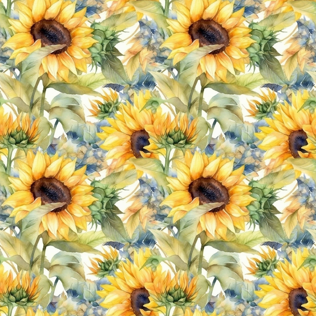 sunflower pattern, yellow petals, golden yellow, brown centers, green leaves, watercolor style, floral design, repeating pattern,, fabric panel, botanical print, summer flowers, soft brushstrokes, nature motif, artistic rendering, warm tones, garden theme, seamless repeat, cotton fabric, crafting material