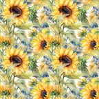 sunflower pattern, yellow petals, golden yellow, brown centers, green leaves, watercolor style, floral design, repeating pattern,, fabric panel, botanical print, summer flowers, soft brushstrokes, nature motif, artistic rendering, warm tones, garden theme, seamless repeat, cotton fabric, crafting material