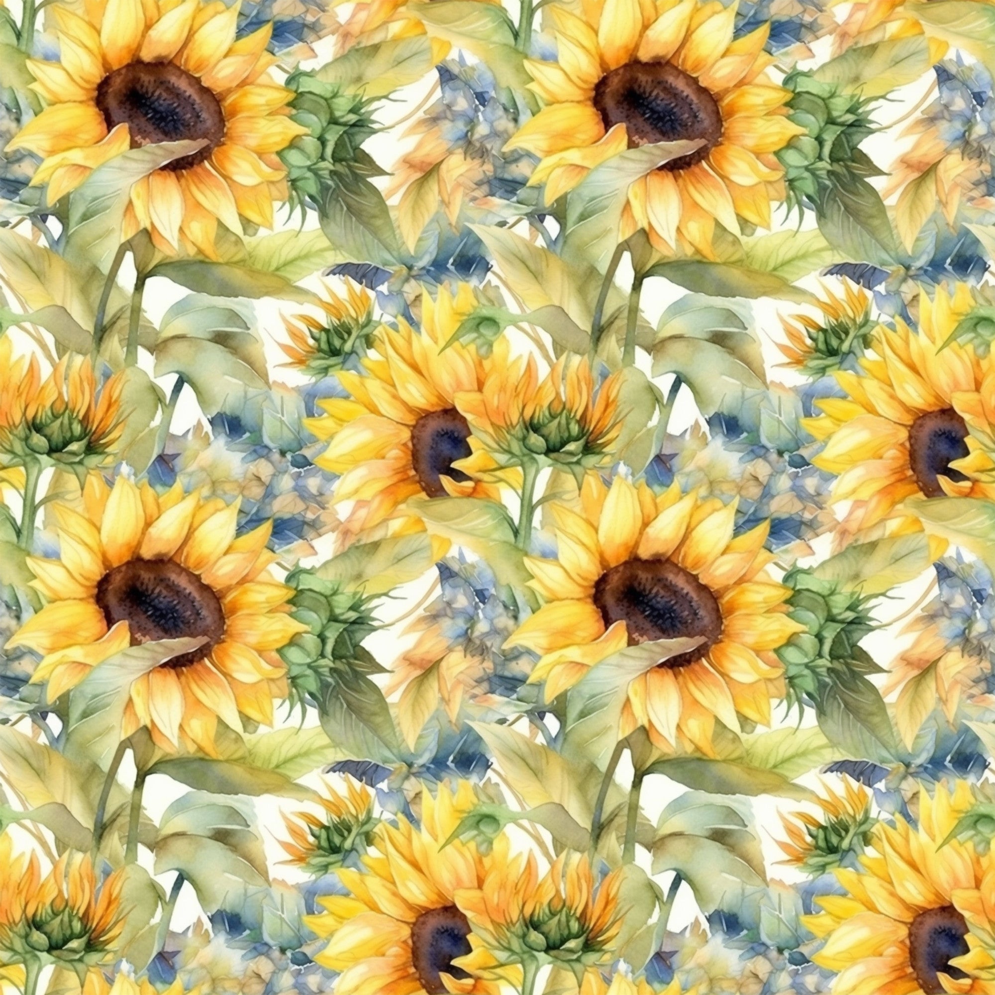 sunflower pattern, yellow petals, golden yellow, brown centers, green leaves, watercolor style, floral design, repeating pattern,, fabric panel, botanical print, summer flowers, soft brushstrokes, nature motif, artistic rendering, warm tones, garden theme, seamless repeat, cotton fabric, crafting material