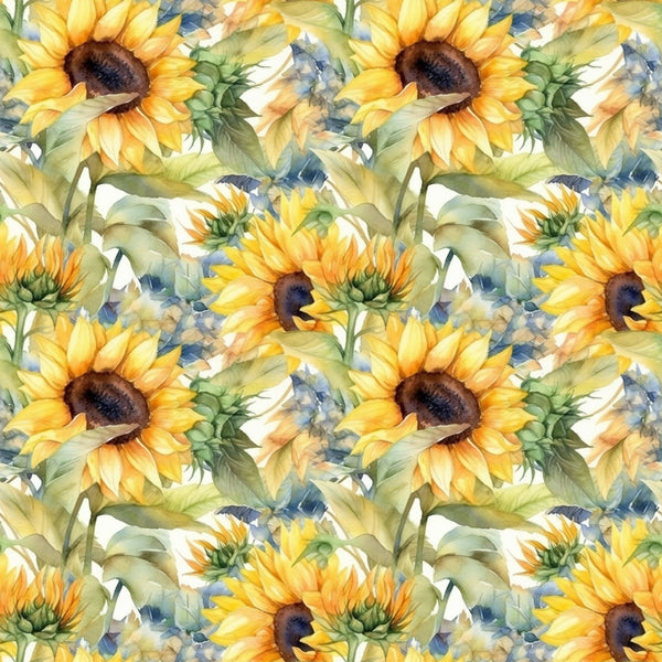 sunflower pattern, yellow petals, golden yellow, brown centers, green leaves, watercolor style, floral design, repeating pattern,, fabric panel, botanical print, summer flowers, soft brushstrokes, nature motif, artistic rendering, warm tones, garden theme, seamless repeat, cotton fabric, crafting material