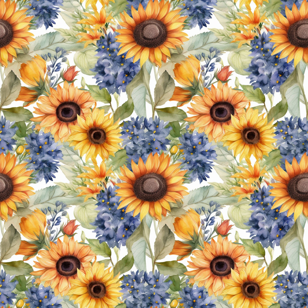 sunflower pattern, floral design, yellow petals, orange blooms, blue flowers, purple blossoms, green leaves, botanical motif, watercolor style, repeating pattern,, fabric panel, summer flowers, garden theme, nature inspired, bright colors, warm tones, artistic florals, seamless design, crafting material
