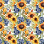 sunflower pattern, floral design, yellow petals, orange blooms, blue flowers, purple blossoms, green leaves, botanical motif, watercolor style, repeating pattern,, fabric panel, summer flowers, garden theme, nature inspired, bright colors, warm tones, artistic florals, seamless design, crafting material
