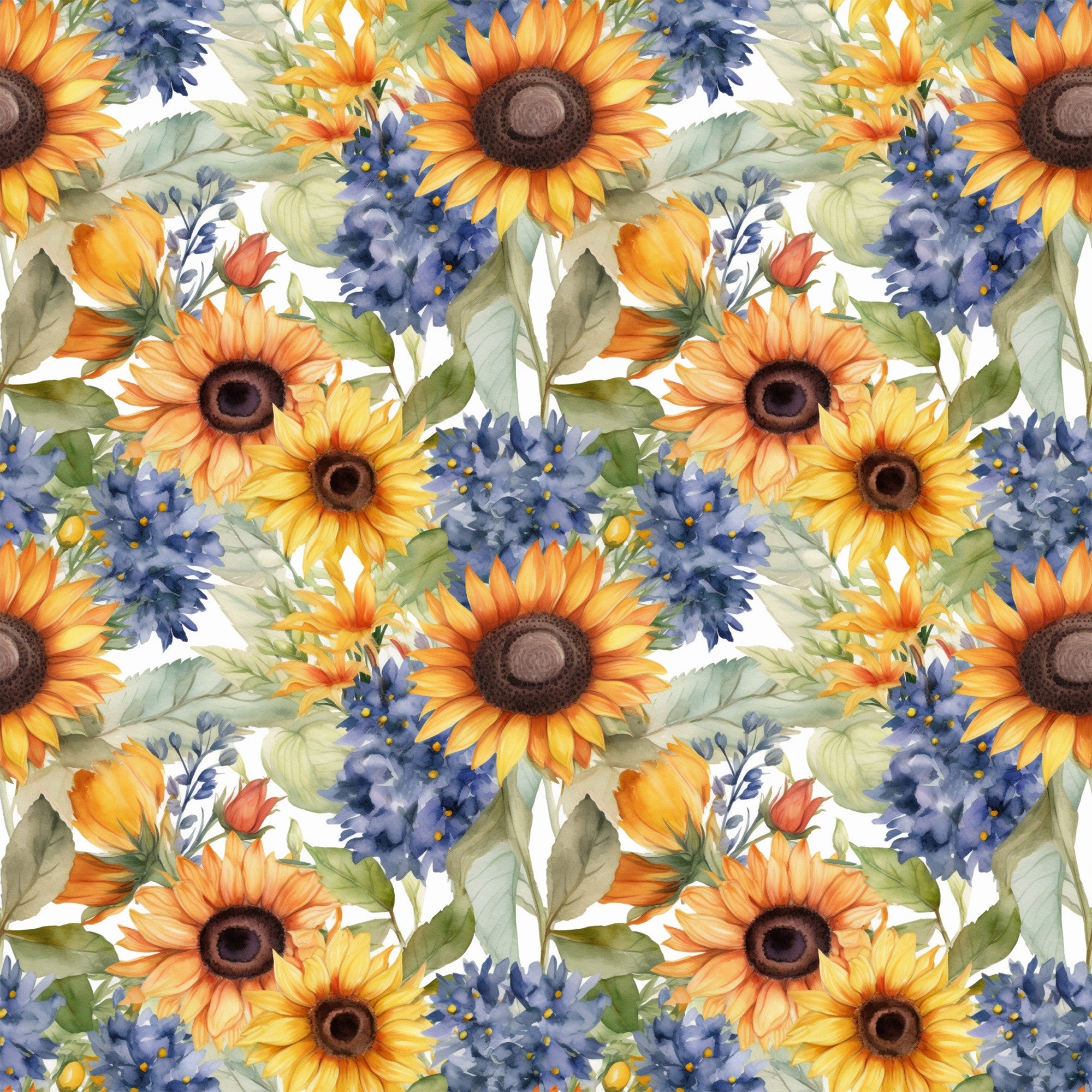 sunflower pattern, floral design, yellow petals, orange blooms, blue flowers, purple blossoms, green leaves, botanical motif, watercolor style, repeating pattern,, fabric panel, summer flowers, garden theme, nature inspired, bright colors, warm tones, artistic florals, seamless design, crafting material