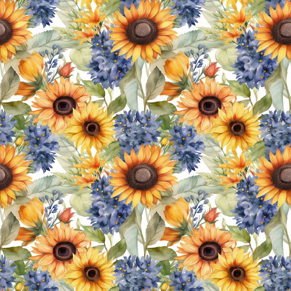 sunflower pattern, floral design, yellow petals, orange blooms, blue flowers, purple blossoms, green leaves, botanical motif, watercolor style, repeating pattern,, fabric panel, summer flowers, garden theme, nature inspired, bright colors, warm tones, artistic florals, seamless design, crafting material