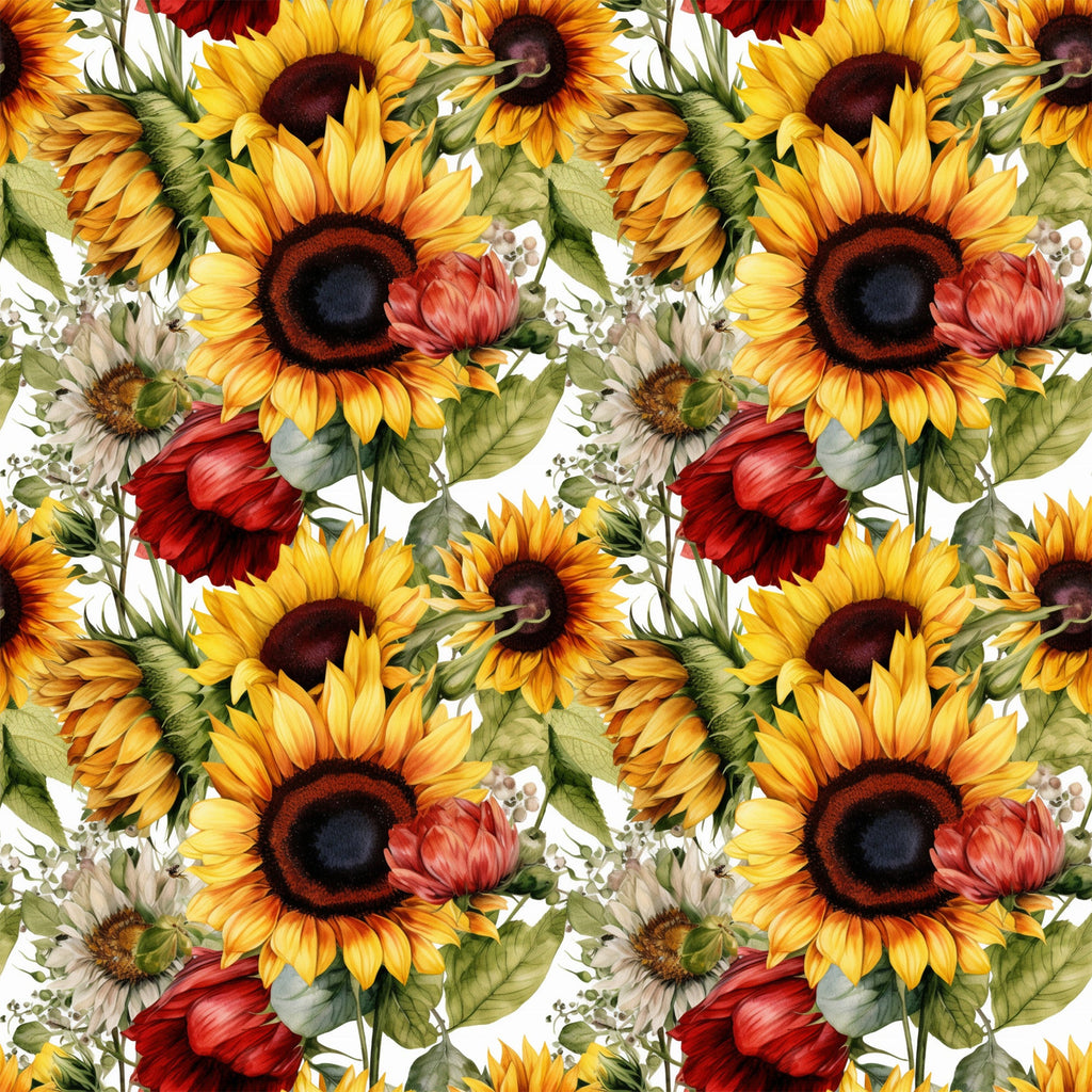 sunflower pattern, yellow petals, dark centers, red flowers, green leaves, floral design, repeating motif, botanical illustration, autumn colors, golden yellow, deep red, forest green,, fabric panel, watercolor style, realistic flowers, nature theme, harvest season, warm tones, detailed artwork