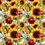 sunflower pattern, yellow petals, dark centers, red flowers, green leaves, floral design, repeating motif, botanical illustration, autumn colors, golden yellow, deep red, forest green,, fabric panel, watercolor style, realistic flowers, nature theme, harvest season, warm tones, detailed artwork