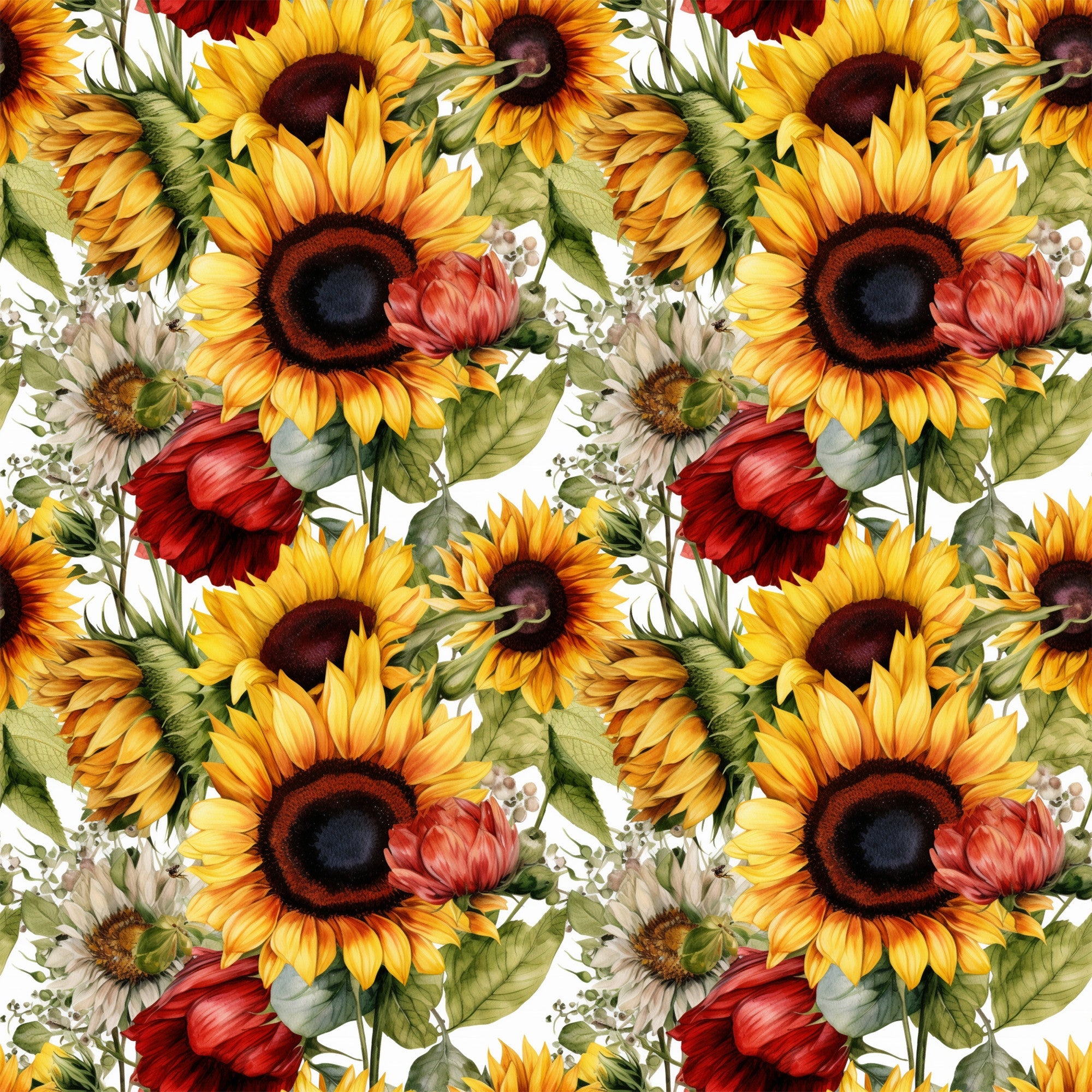 sunflower pattern, yellow petals, dark centers, red flowers, green leaves, floral design, repeating motif, botanical illustration, autumn colors, golden yellow, deep red, forest green,, fabric panel, watercolor style, realistic flowers, nature theme, harvest season, warm tones, detailed artwork