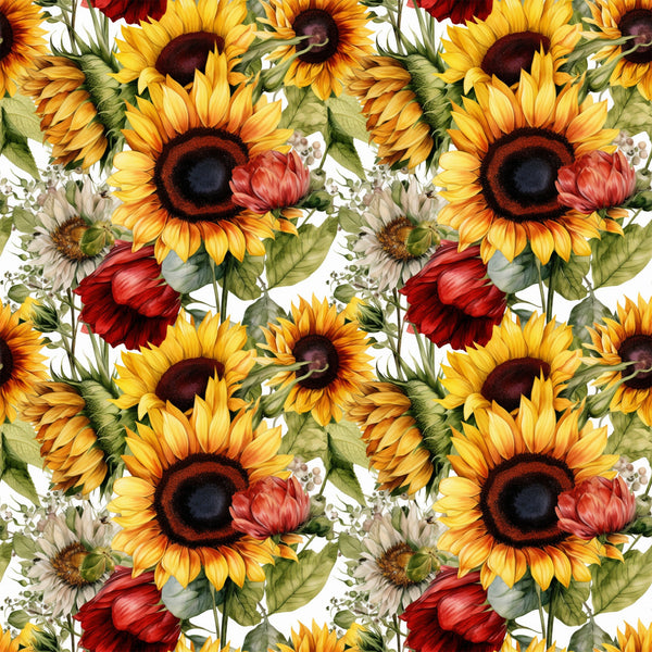 sunflower pattern, yellow petals, dark centers, red flowers, green leaves, floral design, repeating motif, botanical illustration, autumn colors, golden yellow, deep red, forest green,, fabric panel, watercolor style, realistic flowers, nature theme, harvest season, warm tones, detailed artwork
