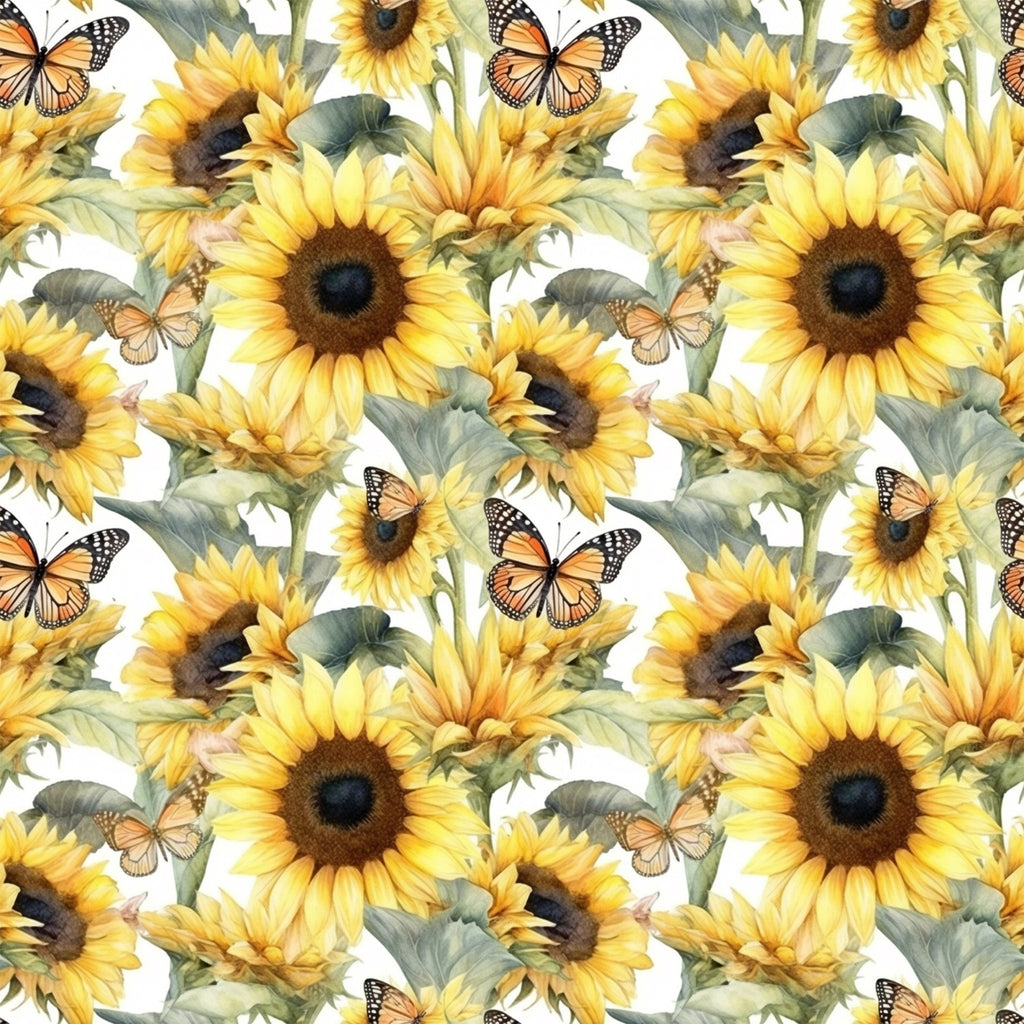 sunflowers, butterflies, yellow petals, brown centers, green leaves, orange butterflies, monarch butterflies, floral pattern, repeating design, botanical motif, nature theme, bright colors, summer vibes,, fabric panel, realistic illustration, watercolor style, garden scene, pollinator theme, cheerful mood