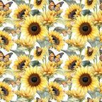 sunflowers, butterflies, yellow petals, brown centers, green leaves, orange butterflies, monarch butterflies, floral pattern, repeating design, botanical motif, nature theme, bright colors, summer vibes,, fabric panel, realistic illustration, watercolor style, garden scene, pollinator theme, cheerful mood