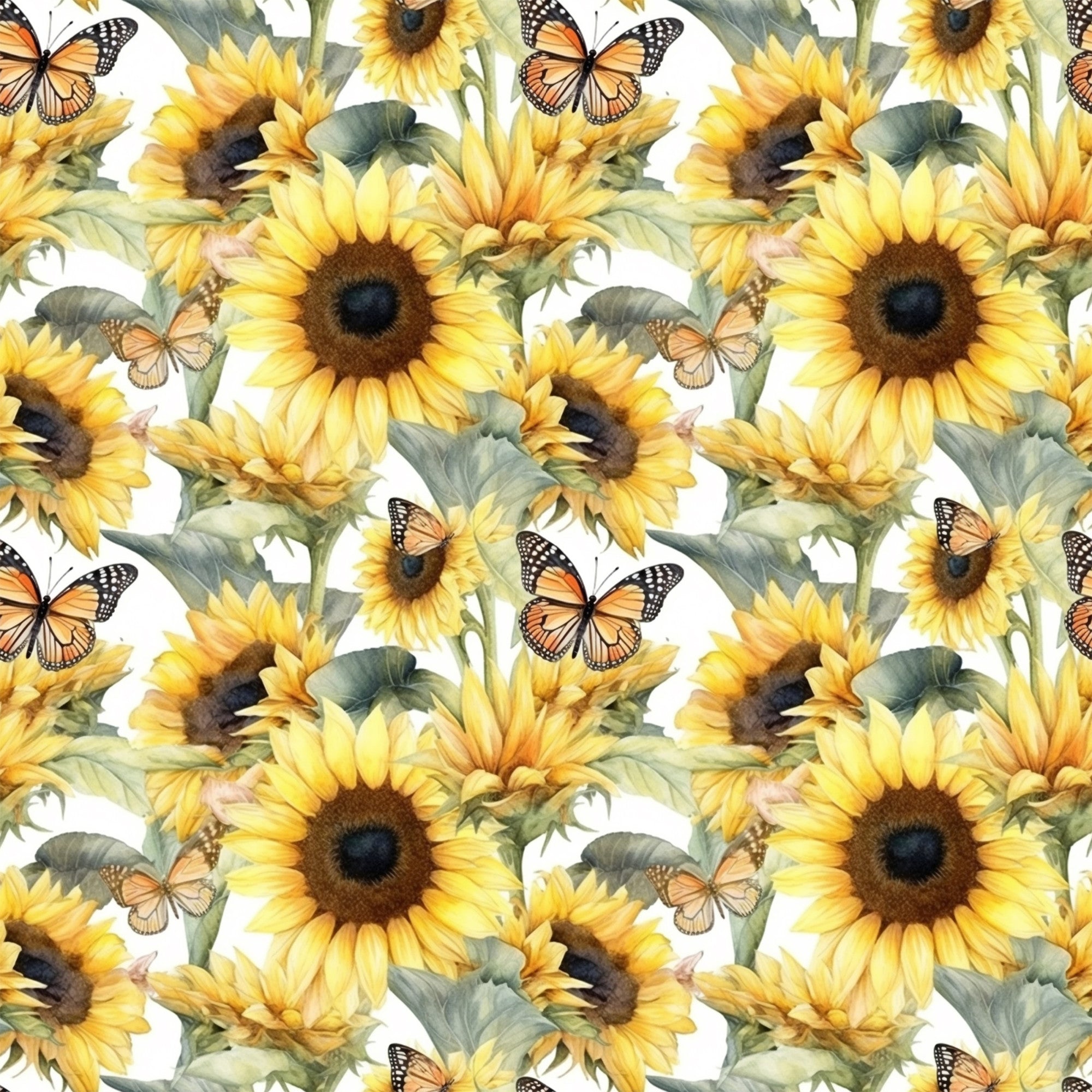 sunflowers, butterflies, yellow petals, brown centers, green leaves, orange butterflies, monarch butterflies, floral pattern, repeating design, botanical motif, nature theme, bright colors, summer vibes,, fabric panel, realistic illustration, watercolor style, garden scene, pollinator theme, cheerful mood