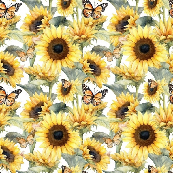 sunflowers, butterflies, yellow petals, brown centers, green leaves, orange butterflies, monarch butterflies, floral pattern, repeating design, botanical motif, nature theme, bright colors, summer vibes,, fabric panel, realistic illustration, watercolor style, garden scene, pollinator theme, cheerful mood
