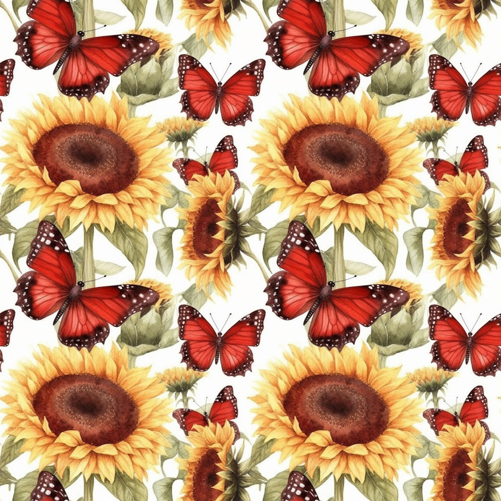 sunflower pattern, red butterflies, yellow blooms, golden petals, brown centers, green leaves, floral design, nature motif, repeating pattern,, fabric panel, botanical print, garden theme, warm colors, orange tones, realistic illustration, summer flowers, pollinator theme, crafting material, sewing fabric