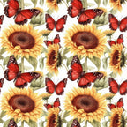 sunflower pattern, red butterflies, yellow blooms, golden petals, brown centers, green leaves, floral design, nature motif, repeating pattern,, fabric panel, botanical print, garden theme, warm colors, orange tones, realistic illustration, summer flowers, pollinator theme, crafting material, sewing fabric