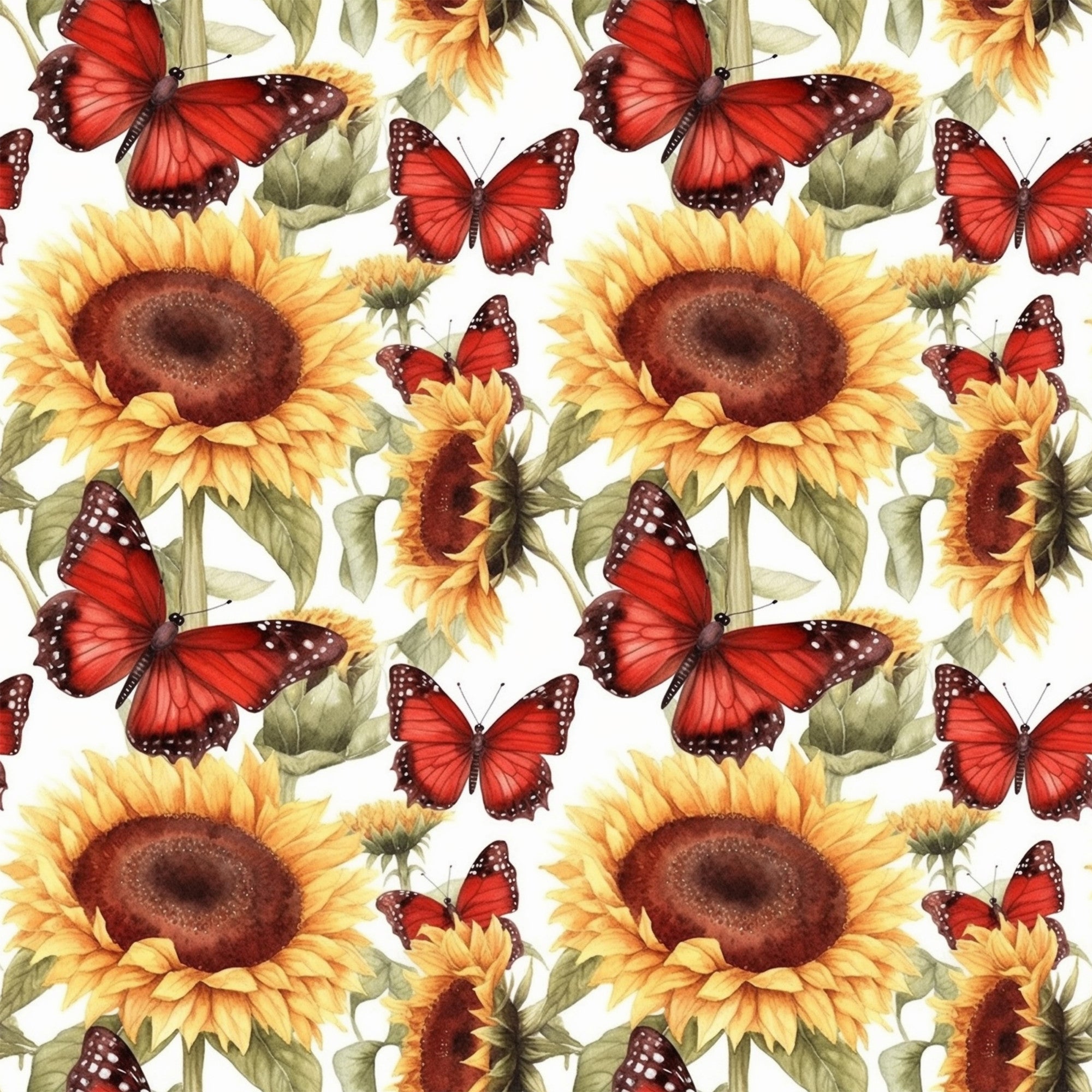 sunflower pattern, red butterflies, yellow blooms, golden petals, brown centers, green leaves, floral design, nature motif, repeating pattern,, fabric panel, botanical print, garden theme, warm colors, orange tones, realistic illustration, summer flowers, pollinator theme, crafting material, sewing fabric