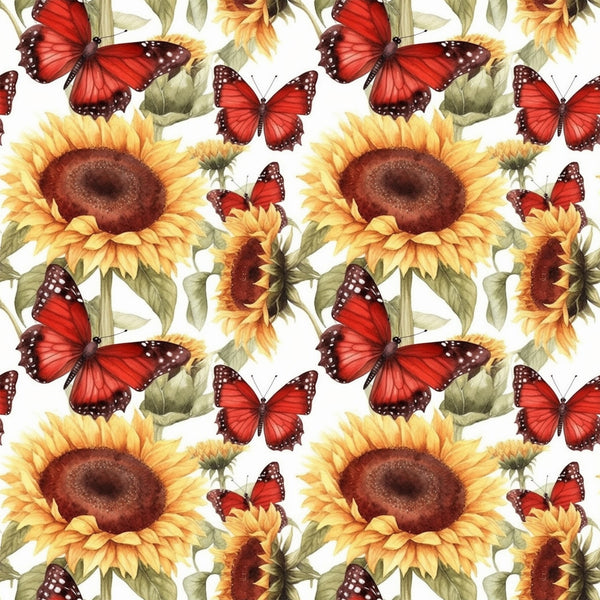 sunflower pattern, red butterflies, yellow blooms, golden petals, brown centers, green leaves, floral design, nature motif, repeating pattern,, fabric panel, botanical print, garden theme, warm colors, orange tones, realistic illustration, summer flowers, pollinator theme, crafting material, sewing fabric