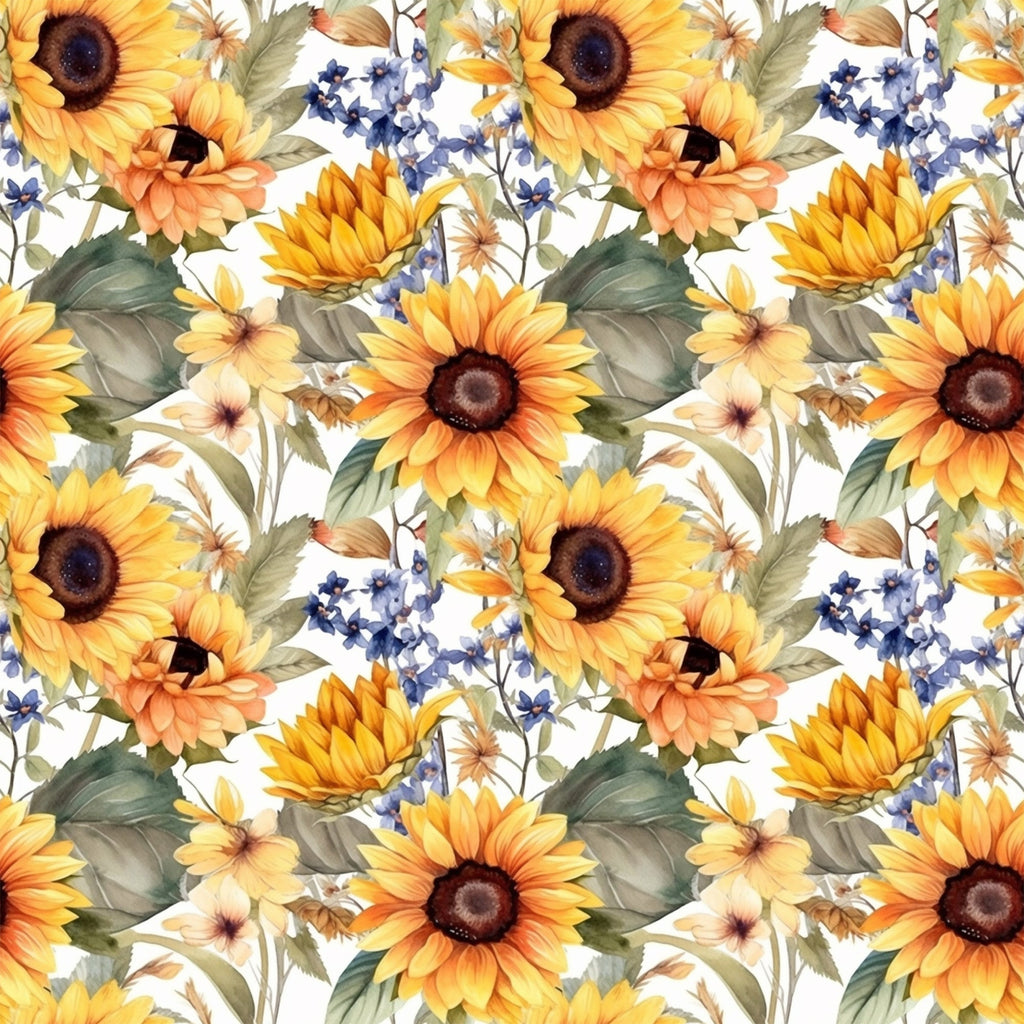 sunflower pattern, yellow flowers, orange petals, blue wildflowers, green leaves, floral design, botanical print,, fabric panel, watercolor style, repeating pattern, autumn colors, nature motif, garden flowers, warm tones, craft fabric, sewing material, flower heads, leafy stems, artistic florals