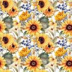 sunflower pattern, yellow flowers, orange petals, blue wildflowers, green leaves, floral design, botanical print,, fabric panel, watercolor style, repeating pattern, autumn colors, nature motif, garden flowers, warm tones, craft fabric, sewing material, flower heads, leafy stems, artistic florals