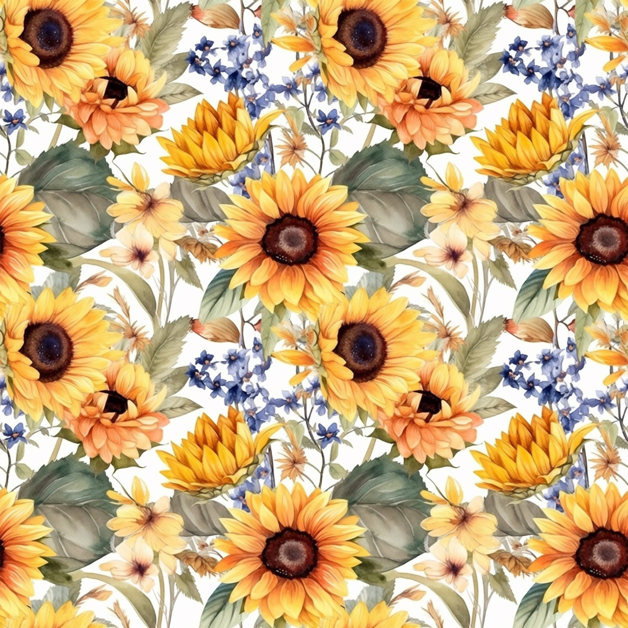 sunflower pattern, yellow flowers, orange petals, blue wildflowers, green leaves, floral design, botanical print,, fabric panel, watercolor style, repeating pattern, autumn colors, nature motif, garden flowers, warm tones, craft fabric, sewing material, flower heads, leafy stems, artistic florals