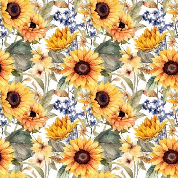 sunflower pattern, yellow flowers, orange petals, blue wildflowers, green leaves, floral design, botanical print,, fabric panel, watercolor style, repeating pattern, autumn colors, nature motif, garden flowers, warm tones, craft fabric, sewing material, flower heads, leafy stems, artistic florals