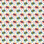 Comic-style pattern with words like “splat” surrounded by colorful stars and shapes on a white background.